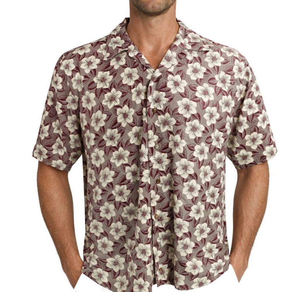 Cutter & Buck Hawaiian Aloha Shirt Medium White Floral Tropical Flowers Brown